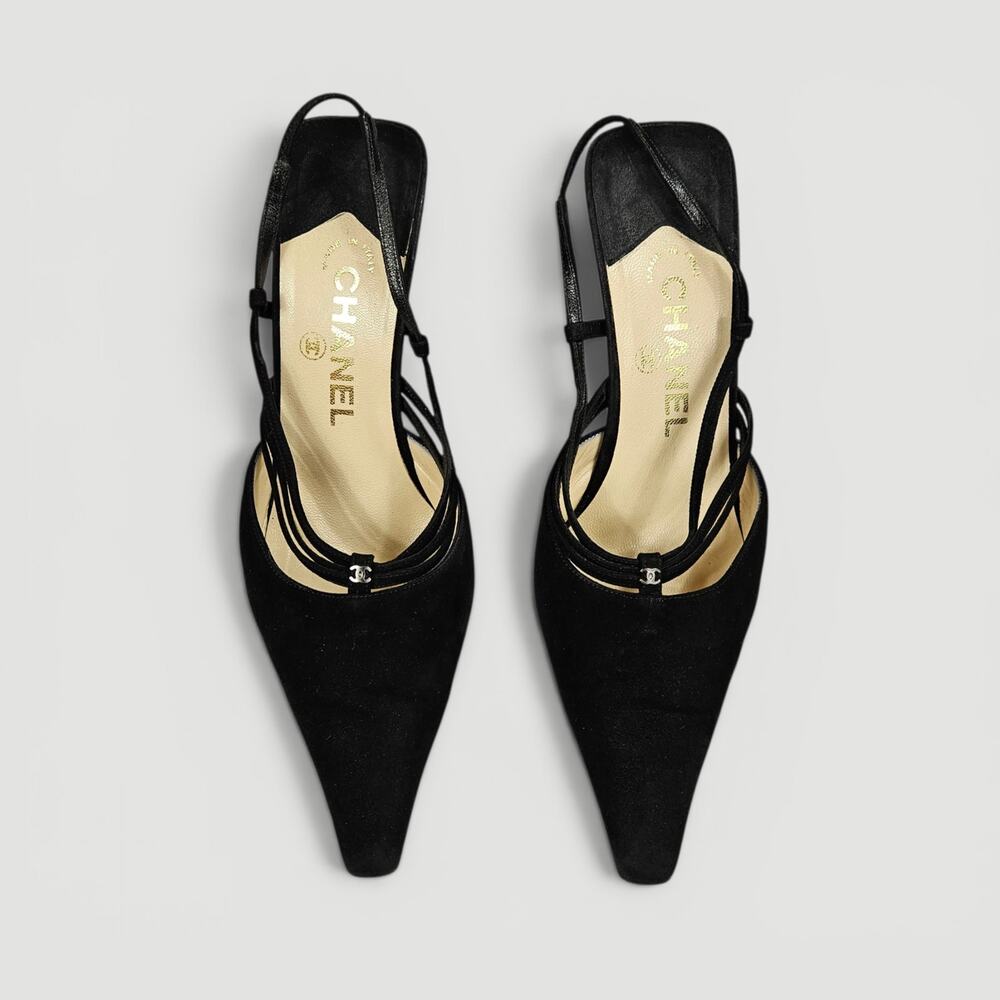 Vintage Chanel Suede Slingback Heels Black Strappy - Size 36.5